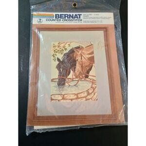 Vintage Bernat Counted Cross Stitch Kit Day's End Horses 14 Mesh H04029 NOS